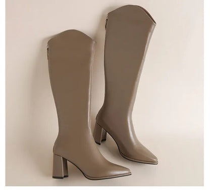 Classic Women Winter Zipper Thick High Heels Simple Design Boots