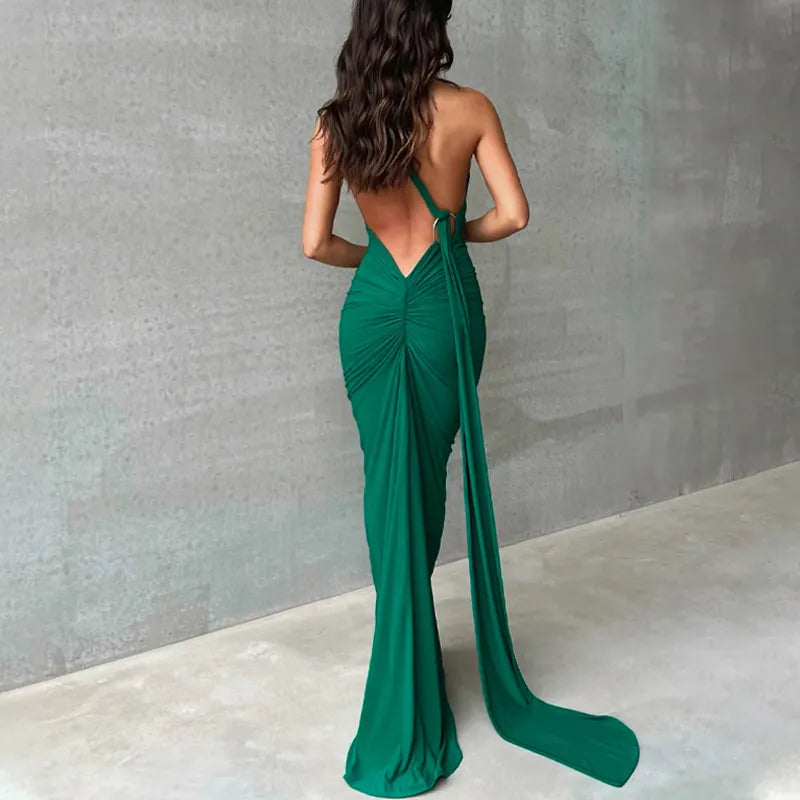 Oblique Shoulder Backless Maxi Dress Back Strap Sleeveless Long Dress