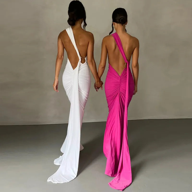 Oblique Shoulder Backless Maxi Dress Back Strap Sleeveless Long Dress