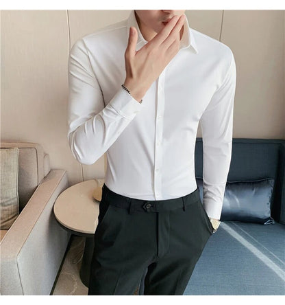 Stretchy High Elasticity Men Shirts Long Sleeve Slim Fit Casual