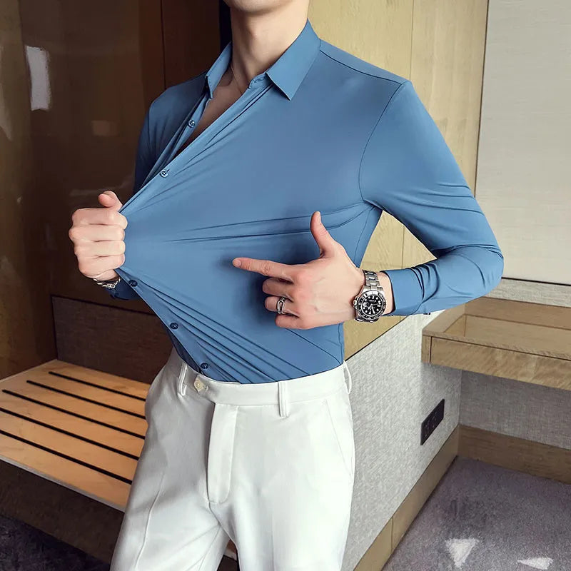 Stretchy High Elasticity Men Shirts Long Sleeve Slim Fit Casual