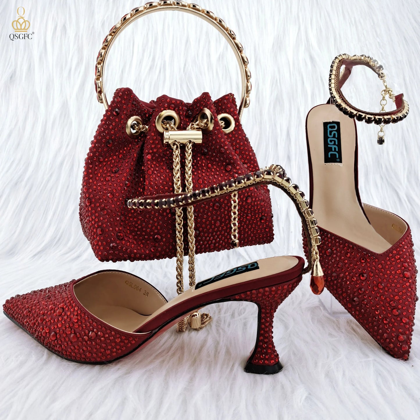 QSGFC Pointy Shoes And Bag Set Crystal Diamond