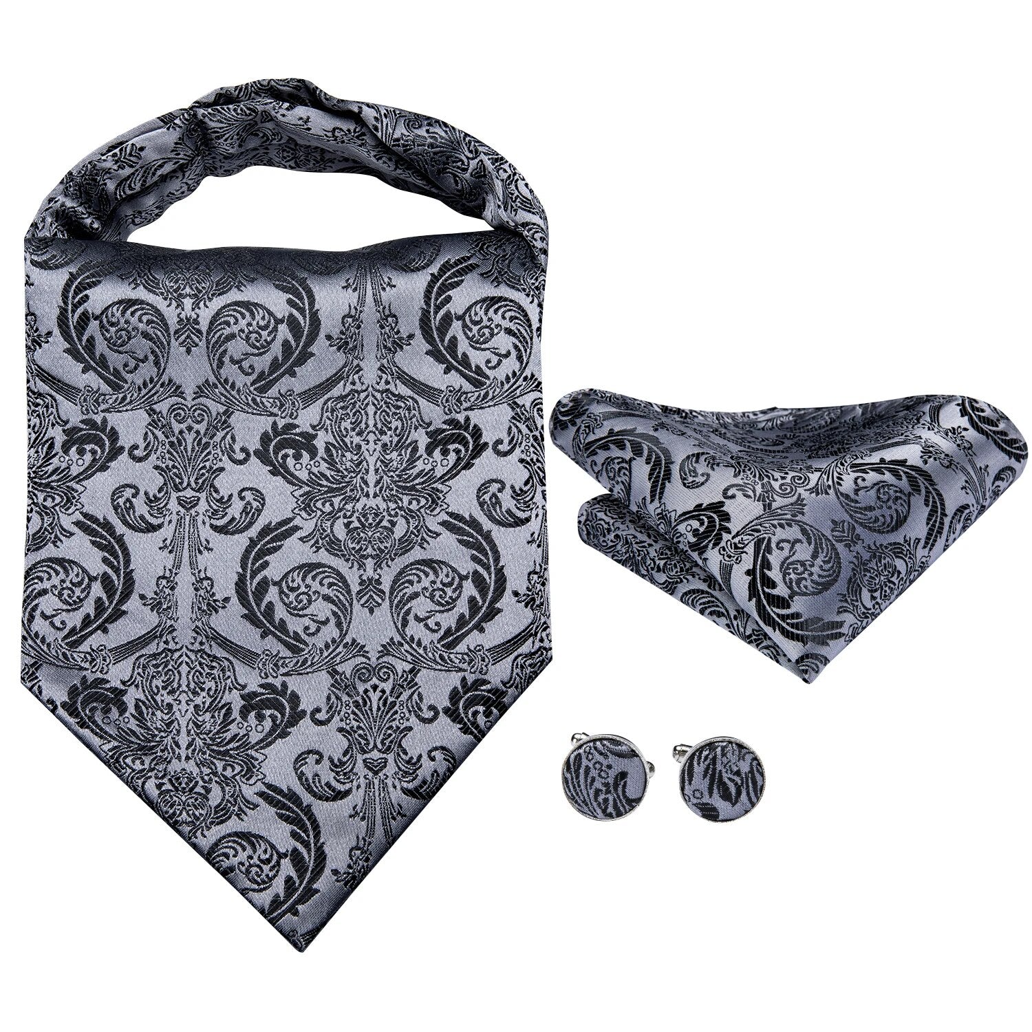 Hi-Tie Silk Mens Ascots Hanky Cufflinks Set Jacquard Paisley Floral Cravat