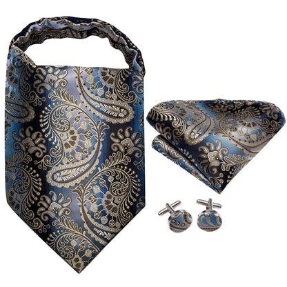 Hi-Tie Silk Mens Ascots Hanky Cufflinks Set Jacquard Paisley Floral Cravat