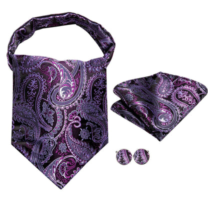 Hi-Tie Silk Mens Ascots Hanky Cufflinks Set Jacquard Paisley Floral Cravat