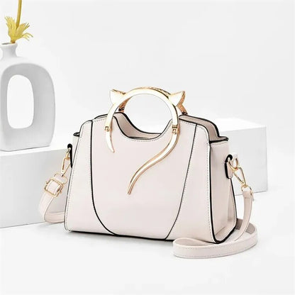 Cute Cat Elegant PU Leather Handbag With Handle and Shoulder Strap