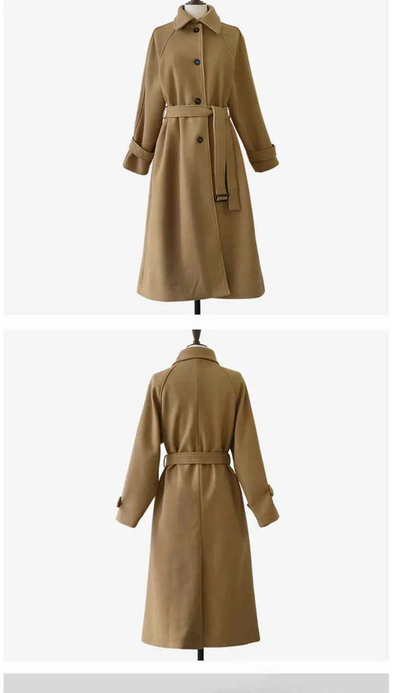 Faux Wool Elegant with Belt Thick Long Coat