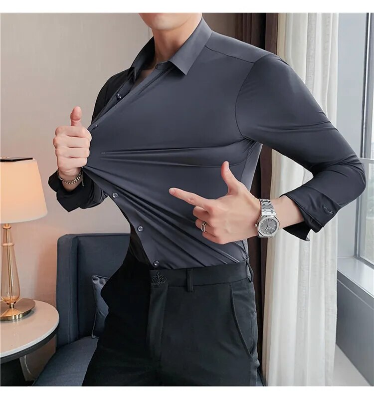 Stretchy High Elasticity Men Shirts Long Sleeve Slim Fit Casual