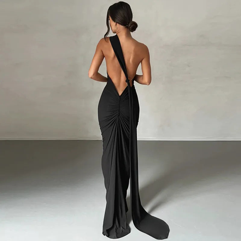 Oblique Shoulder Backless Maxi Dress Back Strap Sleeveless Long Dress