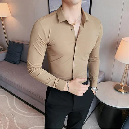 Stretchy High Elasticity Men Shirts Long Sleeve Slim Fit Casual