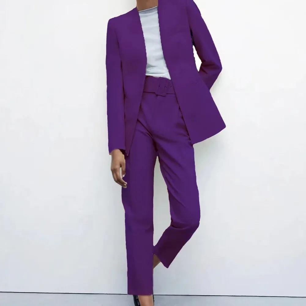 Two Pieces Set Office Wear Blazers Coat With Belt High Waist