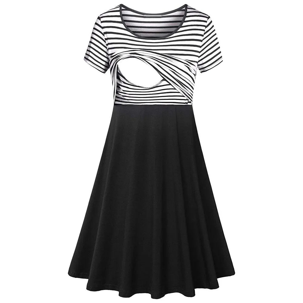 Maternity Striped Patchwork Dress with nursing pull out