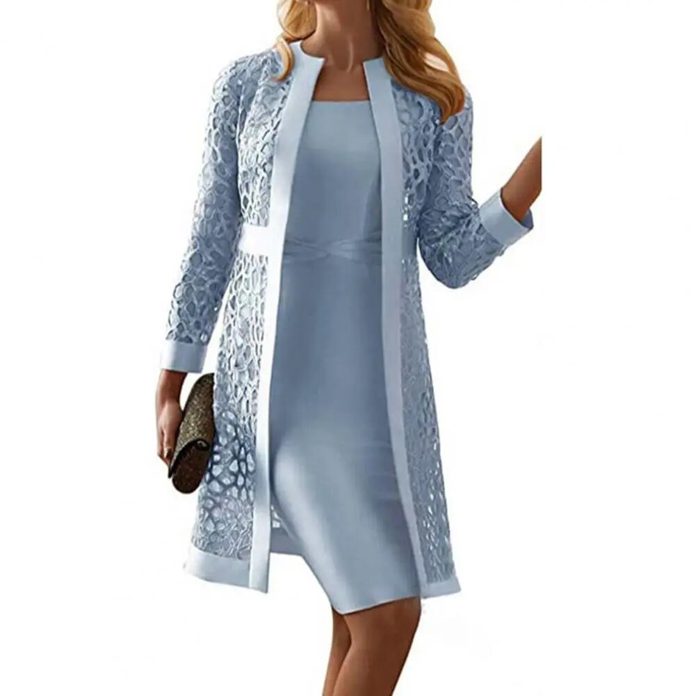 Elegant Two Piece Dress Solid Color Long Sleeve Knee-length