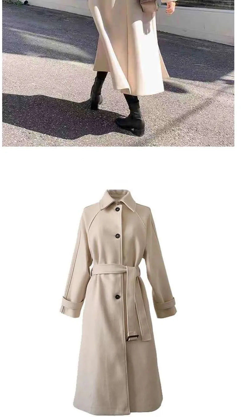 Faux Wool Elegant with Belt Thick Long Coat