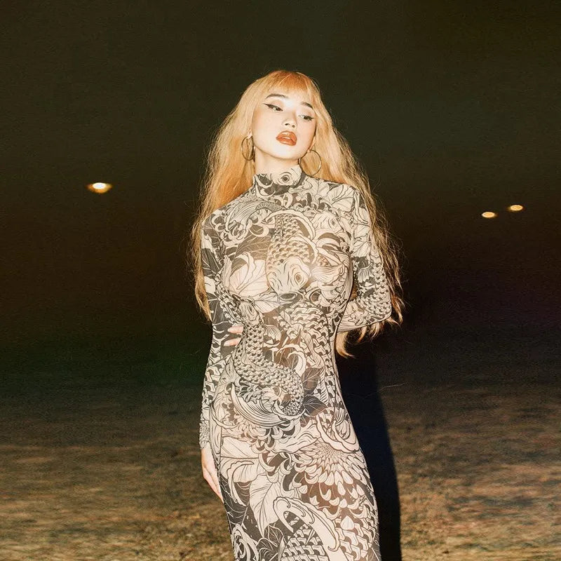 Long Sleeve Mesh See Through Streetwear Bodycon Long Dress