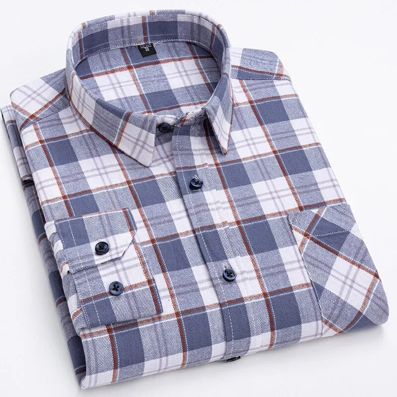 Pure Cotton Men's Plaid Long Sleeve Regular Fit Casual Plus Size