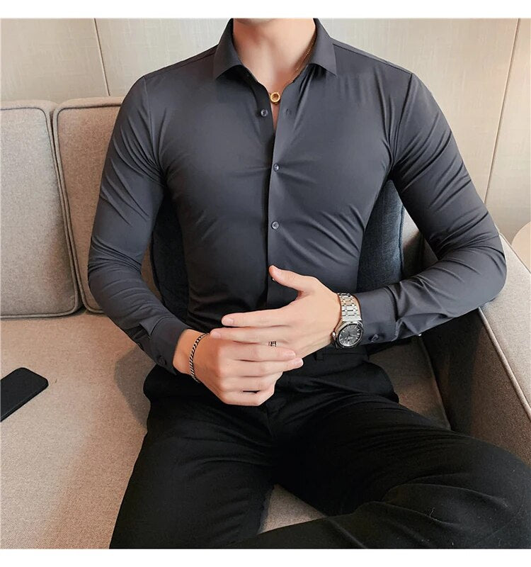 Stretchy High Elasticity Men Shirts Long Sleeve Slim Fit Casual