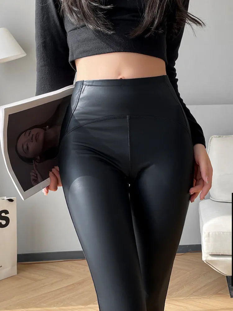 Pu Leather Women Winter High Waist Tights Stretch Soft Thin Fleece