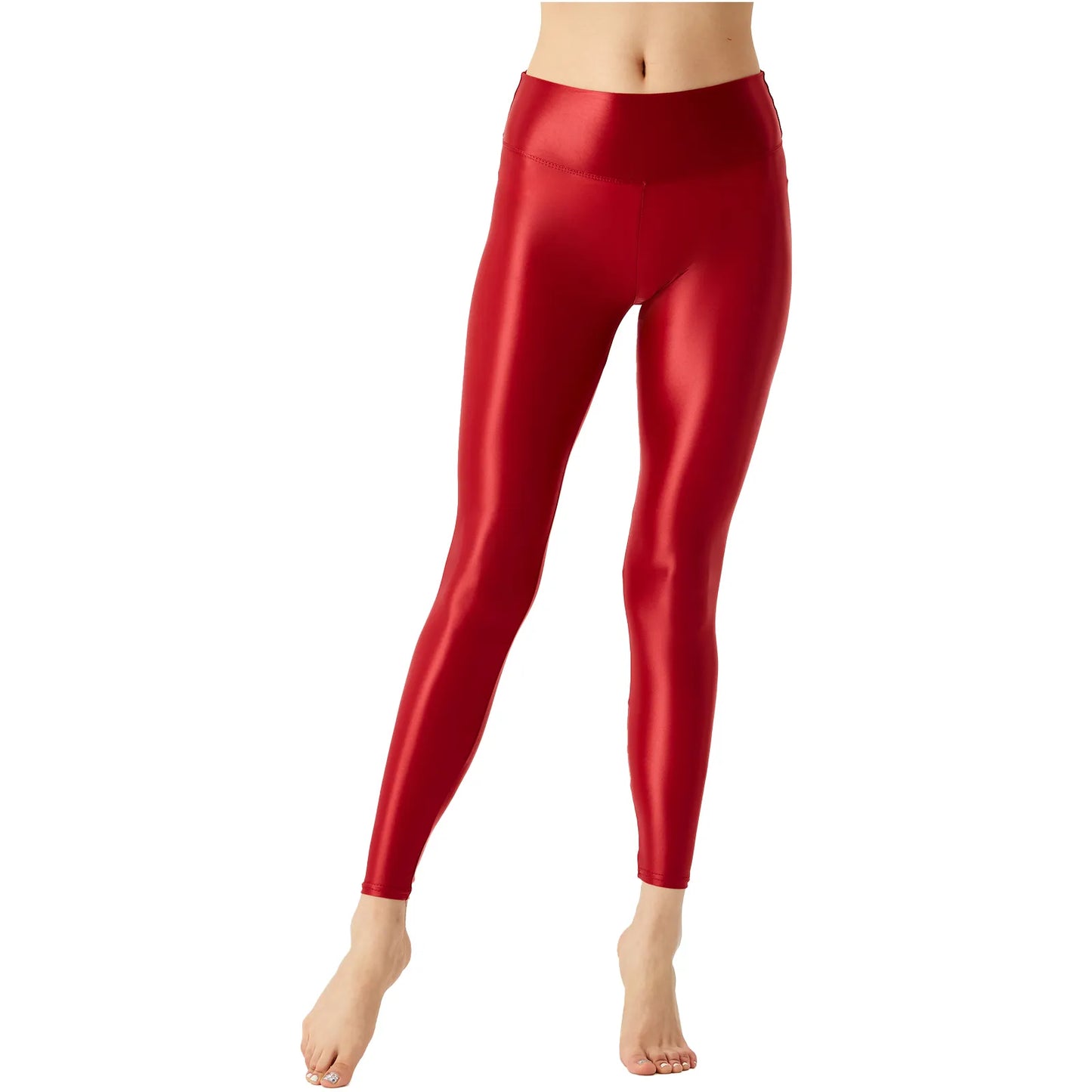 Solid Glossy Pilates Yoga Fitness Wide Elastic Waistband Leggings Stretchy Pants