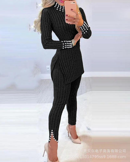 Knitted 2 Piece Suits Sleeve Ribbed Slit Long Top and High