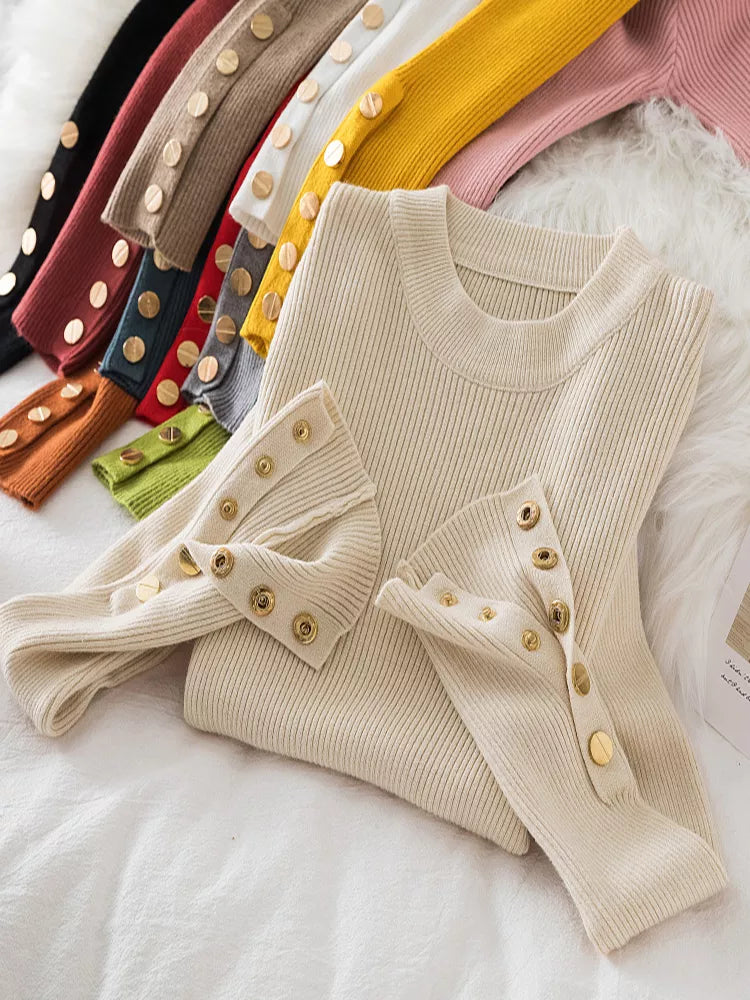 Thick pullovers casual button sleeves o-neck chic soft sweater