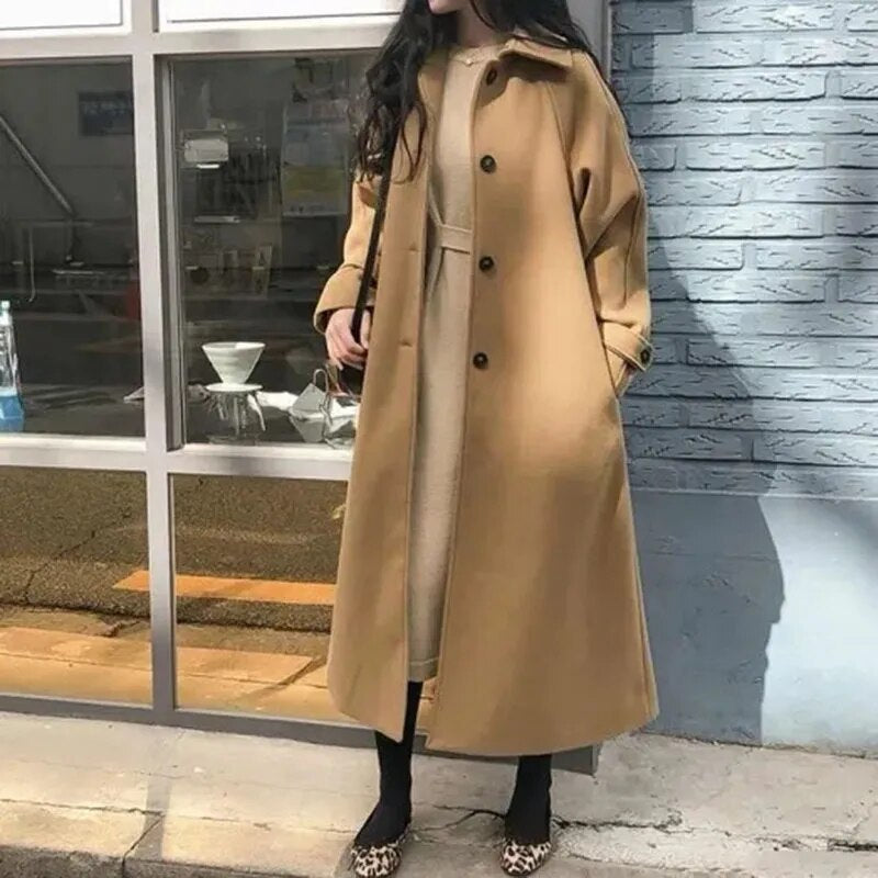 Faux Wool Elegant with Belt Thick Long Coat