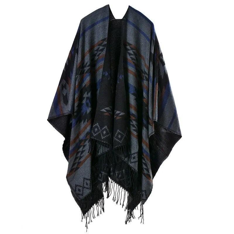 Tassel Cashmere Fork Shawl Poncho