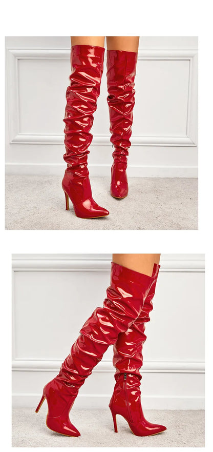 High Thigh Leather Pointy Toe Zipper Boots