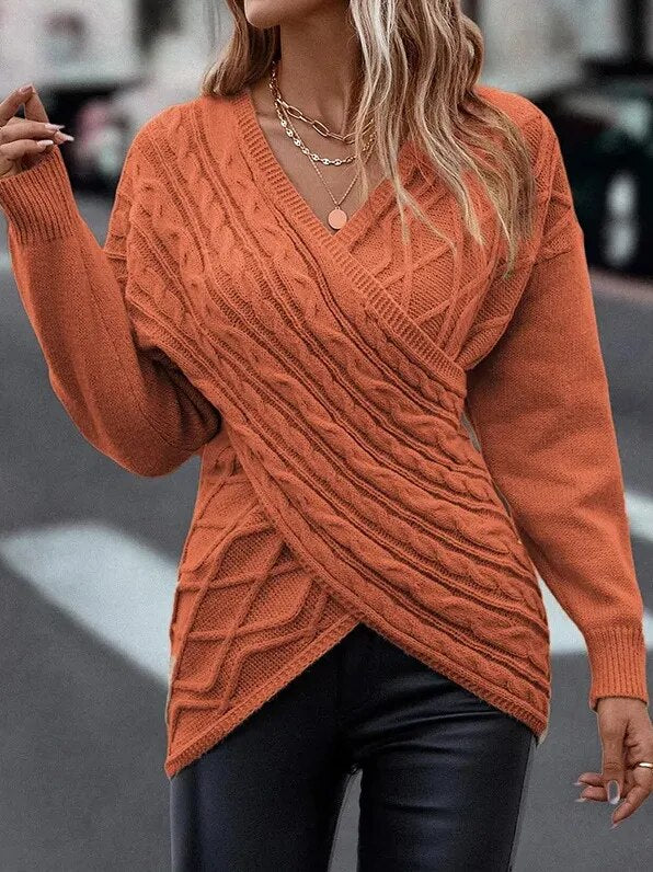 V-neck Knitted Off Shoulder Pullovers Warm Cross Sweater