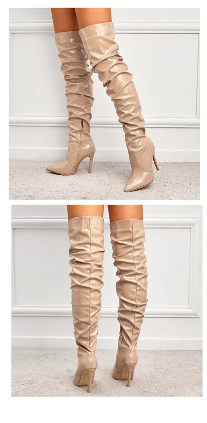 High Thigh Leather Pointy Toe Zipper Boots