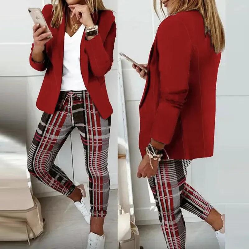 Elegant Office Women Blazers Pants Outfit Print Long Sleeve 2 pcs