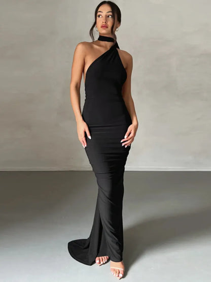 Oblique Shoulder Backless Maxi Dress Back Strap Sleeveless Long Dress