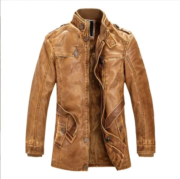 Winter Men's Thick Faux Leather Long Jacket