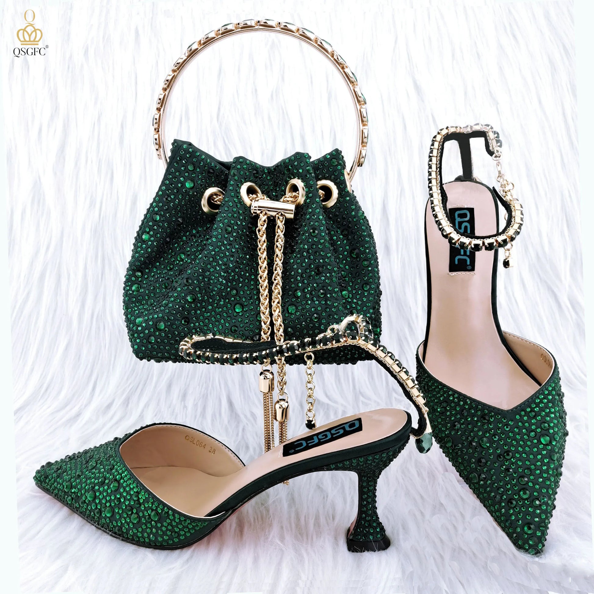 QSGFC Pointy Shoes And Bag Set Crystal Diamond