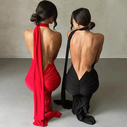 Oblique Shoulder Backless Maxi Dress Back Strap Sleeveless Long Dress