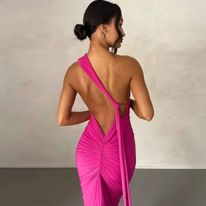 Oblique Shoulder Backless Maxi Dress Back Strap Sleeveless Long Dress