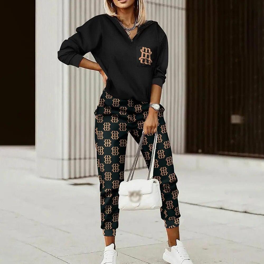 2 Piece Set Long Sleeve Sweatshirt Lattice Zipper Top Casual Pocket