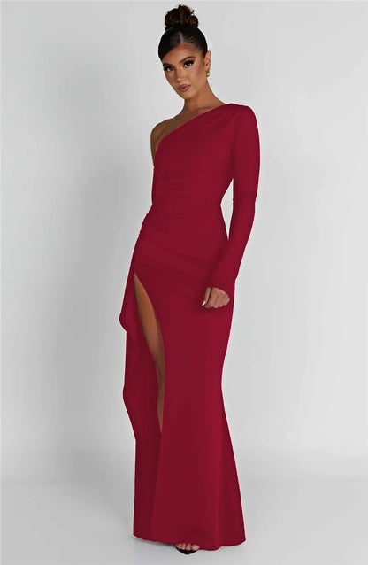 Oblique Shoulder Thigh Split Maxi Dress Long Sleeve Backless Bodycon Long