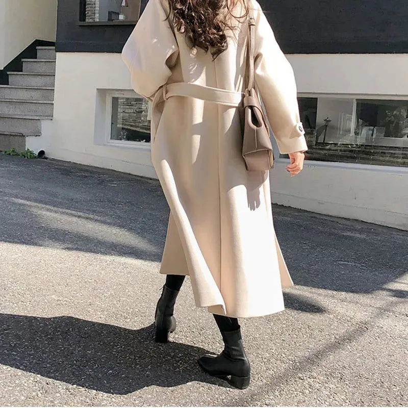 Faux Wool Elegant with Belt Thick Long Coat