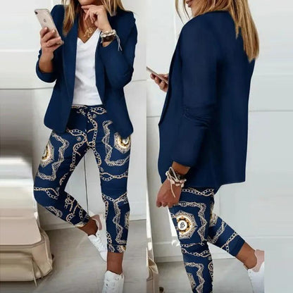 Elegant Office Women Blazers Pants Outfit Print Long Sleeve 2 pcs