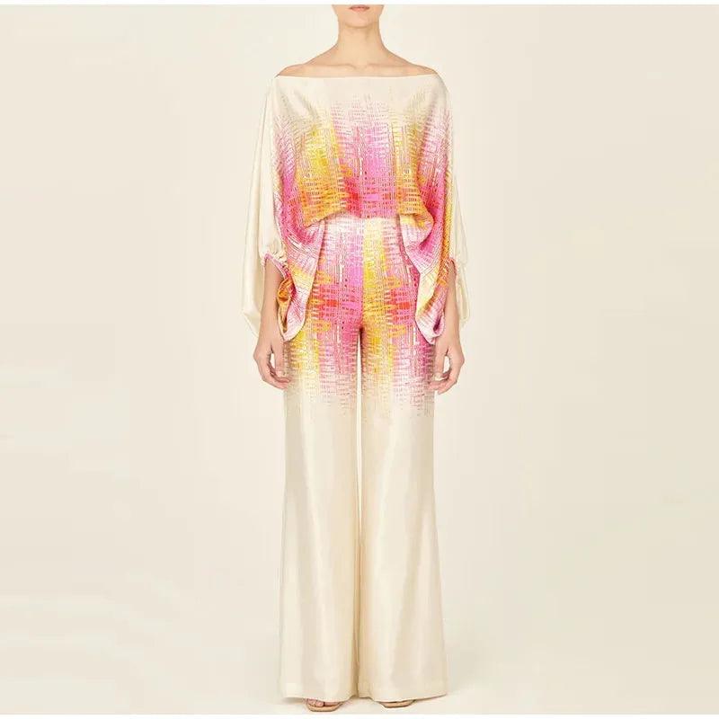 Satin Print Suit Fashion Hollow Off Shoulder Tops With Long Pants