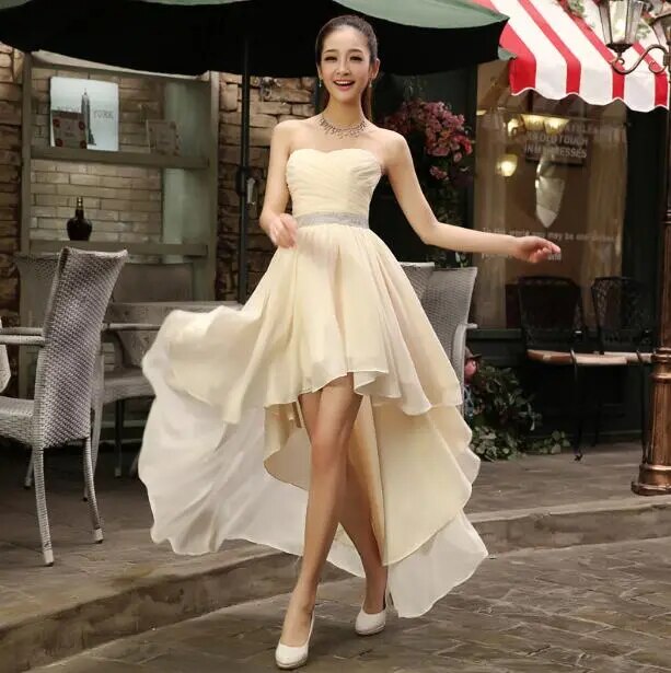 Chiffon Front Short Opening Long Back Strapless Dress