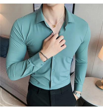 Stretchy High Elasticity Men Shirts Long Sleeve Slim Fit Casual