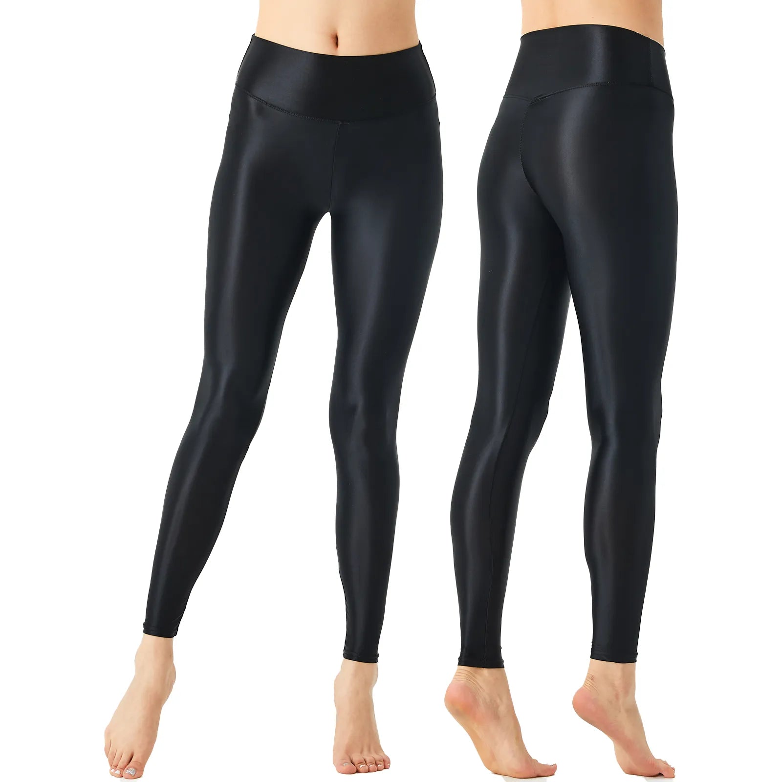 Solid Glossy Pilates Yoga Fitness Wide Elastic Waistband Leggings Stretchy Pants