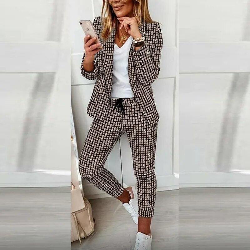 Elegant Office Women Blazers Pants Outfit Print Long Sleeve 2 pcs