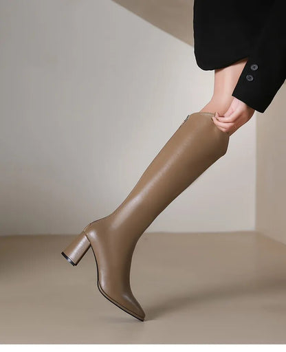 Classic Women Winter Zipper Thick High Heels Simple Design Boots