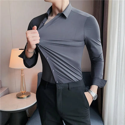 Stretchy High Elasticity Men Shirts Long Sleeve Slim Fit Casual