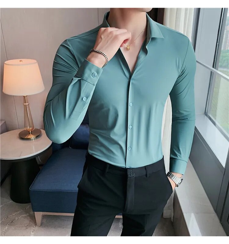 Stretchy High Elasticity Men Shirts Long Sleeve Slim Fit Casual