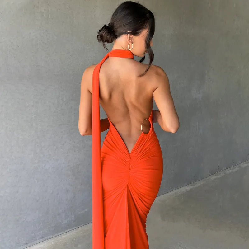 Oblique Shoulder Backless Maxi Dress Back Strap Sleeveless Long Dress