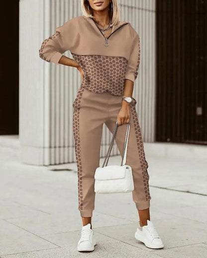 2 Piece Set Long Sleeve Sweatshirt Lattice Zipper Top Casual Pocket